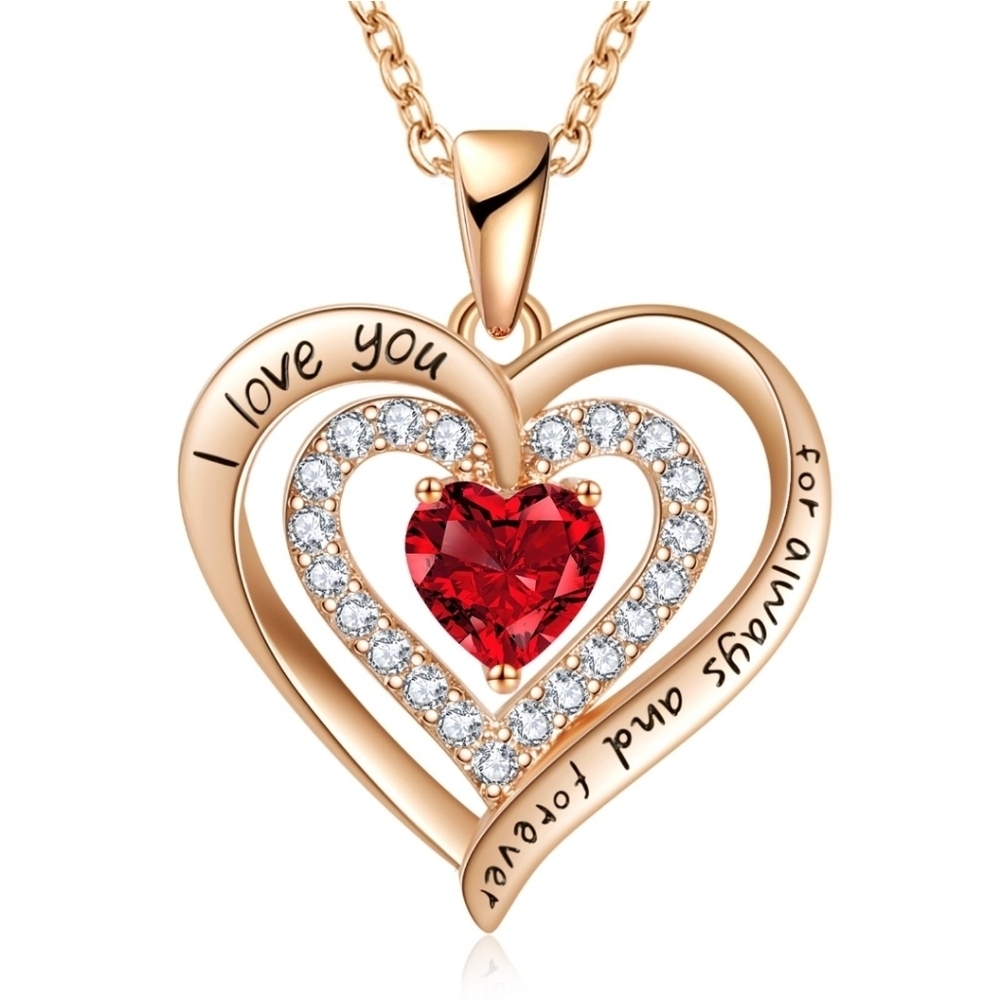 18kt Gold Plate Heart Pendant 18" + 2" Ext Necklace Red Gem accent CZs